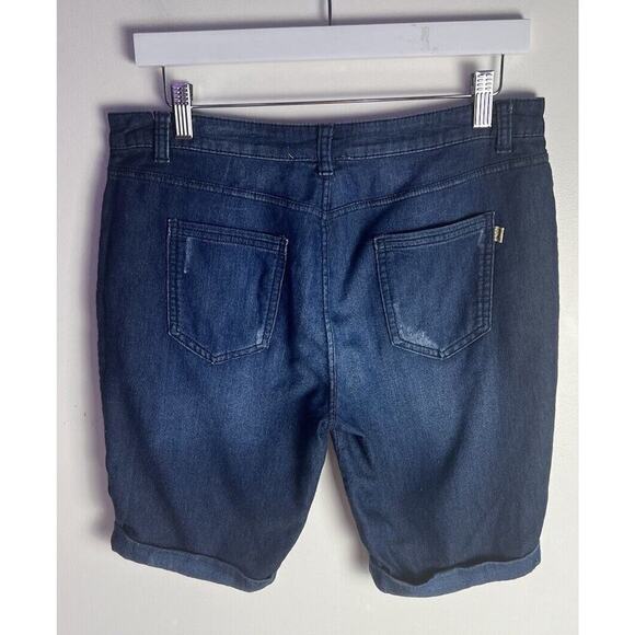 Juicy Couture Dark Wash Distressed Cuff Stretch Lightweight Bermuda Short Sz 10 - Picture 2 of 8